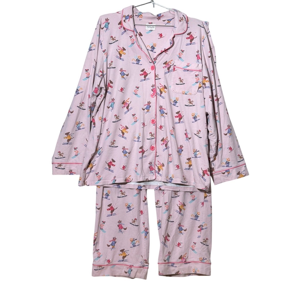 BedHead PJs Pajama Set Women‎ 1X Pink Skiing Dogs Winter Sleepwear